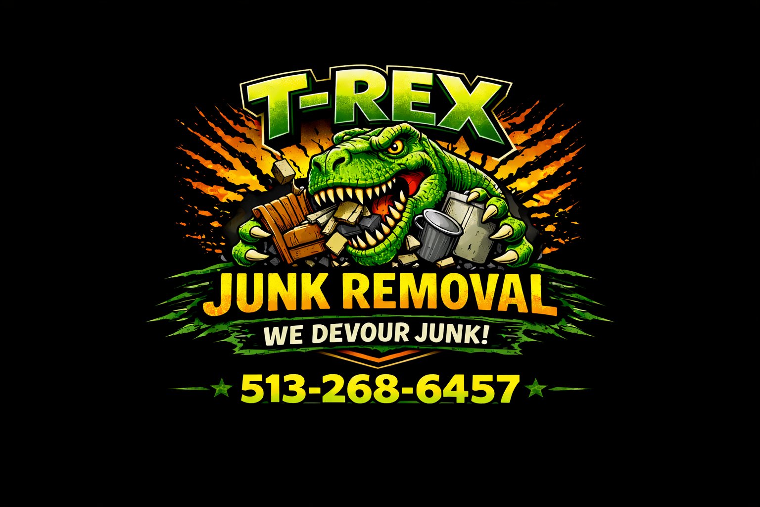 T-Rex Junk Removal logo: a T-Rex devouring junk