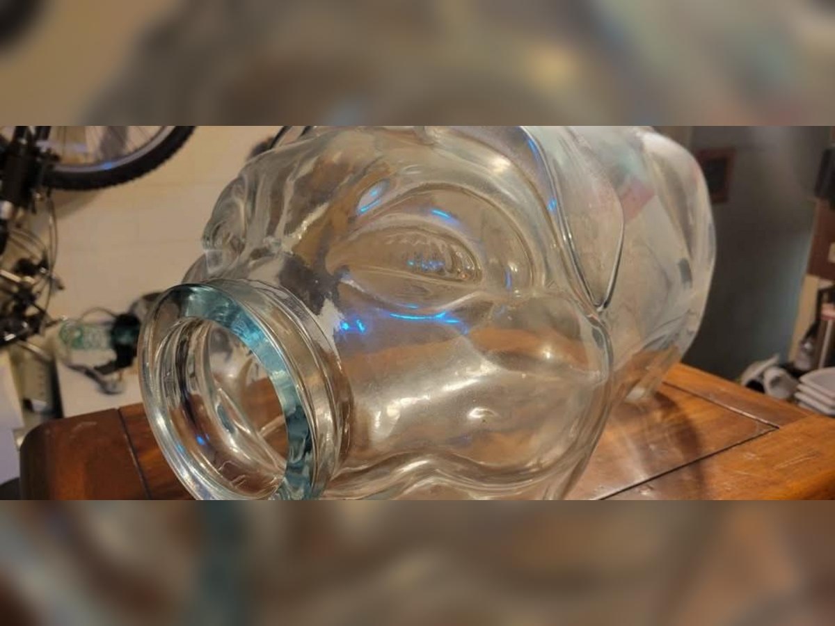 Vintage 5-gallon glass pig jar lying on a wooden table